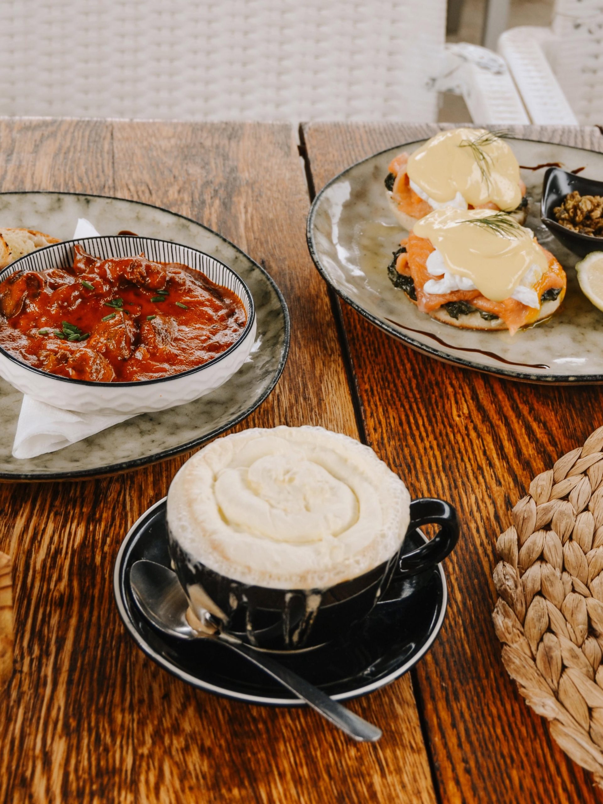 Relaxed Café Crust brunch spread with eggs and café favourites